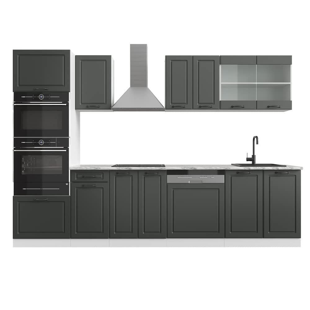 Vicco R-Line Kitchen Unit, High-Gloss Anthracite/White, 300 cm with Tall Cabinet, without Worktop