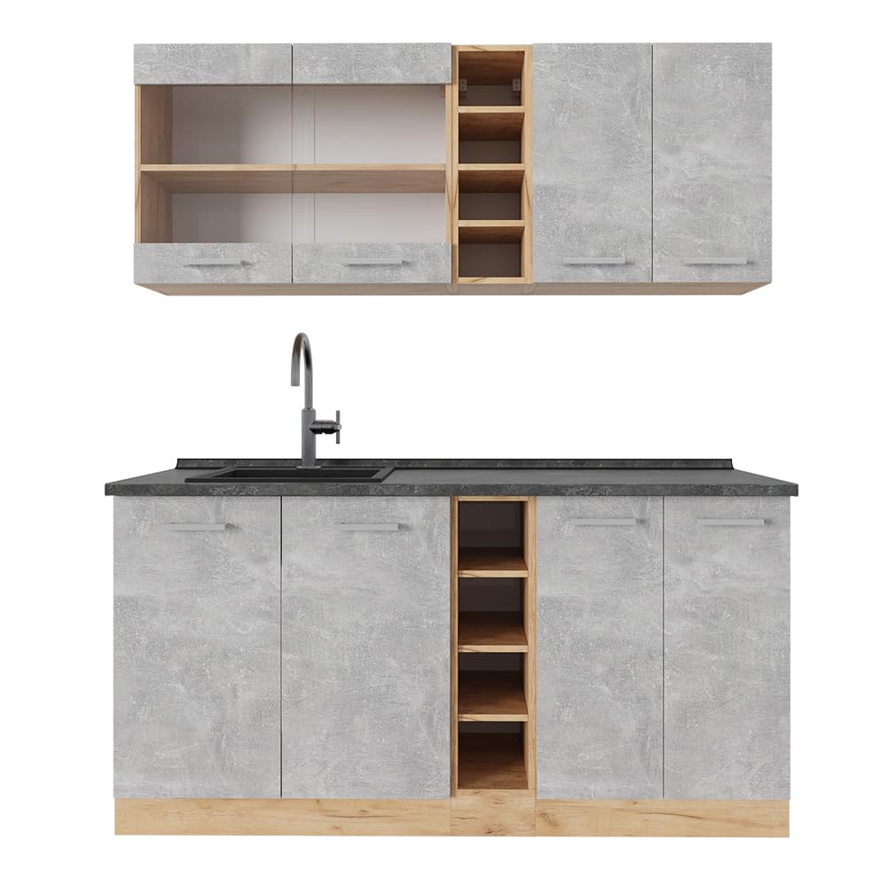 Vicco Single Kitchen R-Line Anthracite High Gloss / Goldkraft Oak 160 cm without Worktop