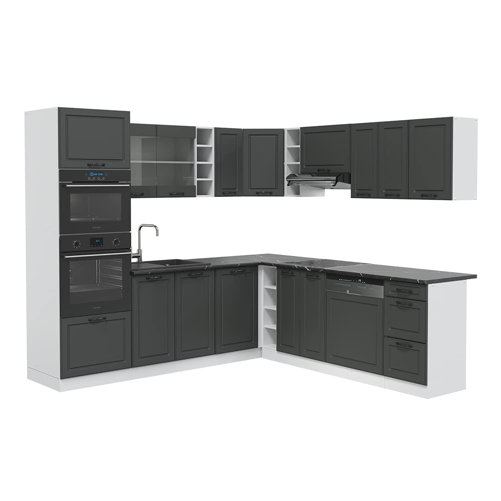 Vicco R-Line Fitted Kitchen Cabinets Country House Kitchen Furniture (White, Corner 247 x 237 cm)