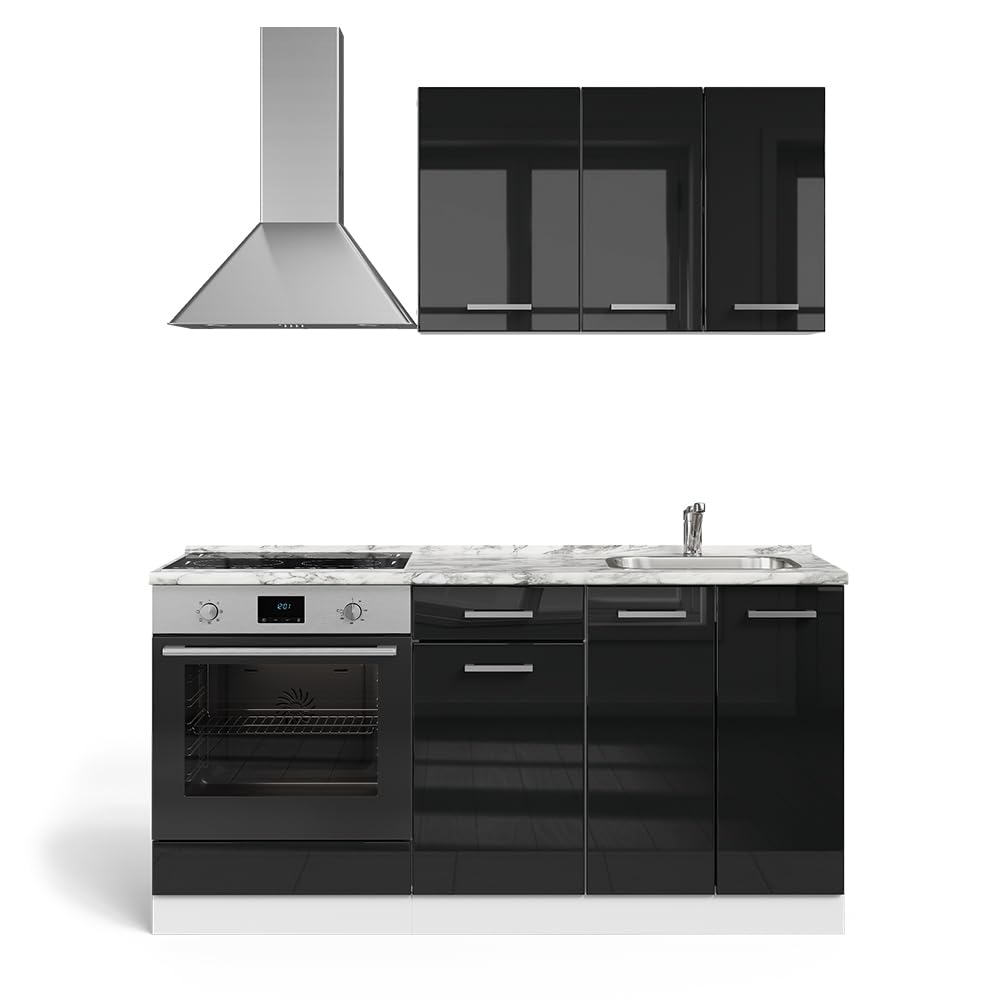 Vicco Single Kitchen R-Line Black High Gloss / White 160 cm with Hob Cabinet without Worktop