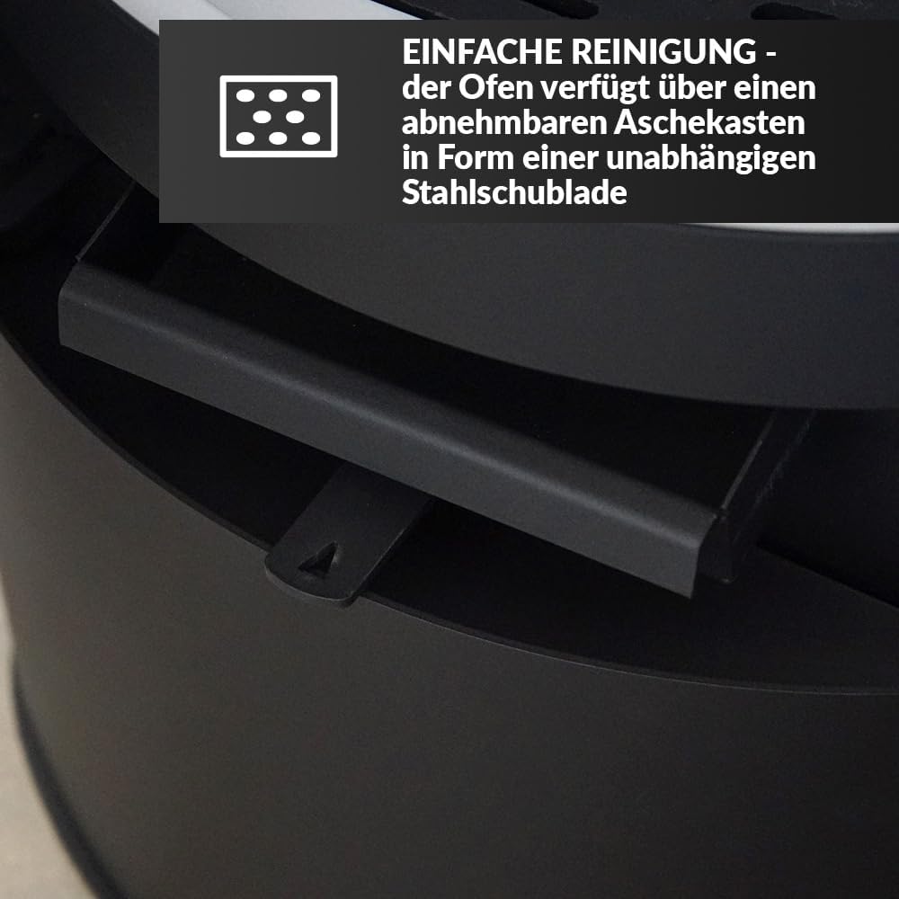 KRATKI Fireplace Made of Steel Rollo Ready Set Diameter 150 7 kW with Indoor Air Independent, Blass Cladding, Freestanding, BImSchV 2, Dust Outlet, 150 mm, EEK A Fireplace HKI