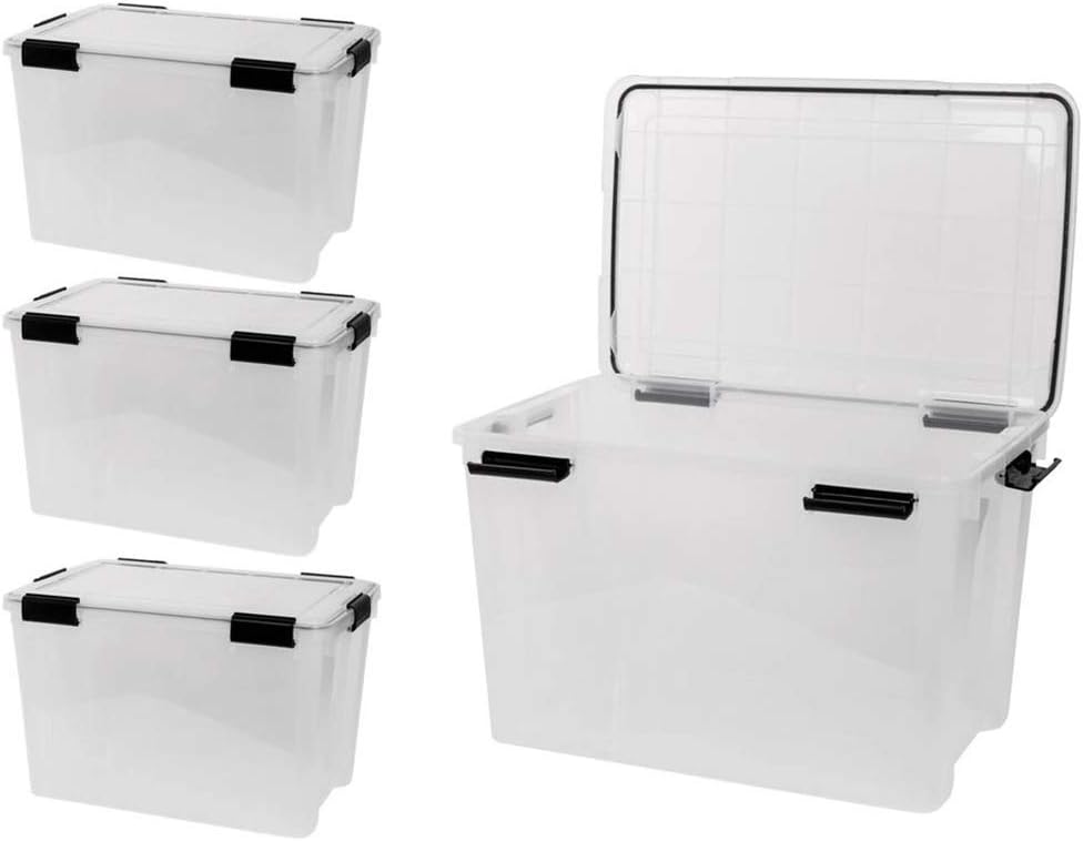 Kreher Pack of 4 XL Storage Boxes Made of Transparent Plastic with Sealing Ring in Lid for Moisture, Dust and Dirt Dimensions Approx. 39 x 59 x 38 cm 70 Litre Volume Top Quality