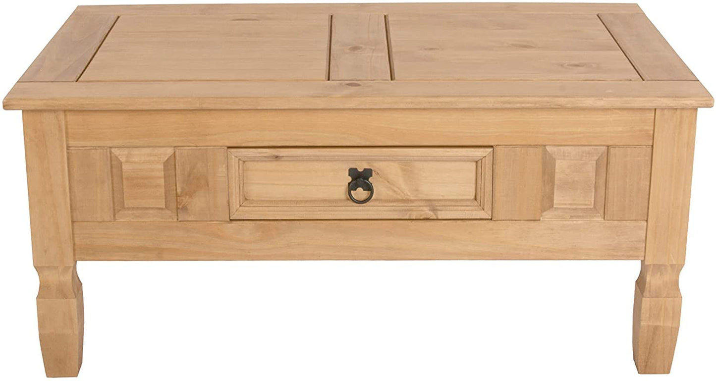 SAM Cancun Coffee Table Solid Pine Wood Side Table with Drawer White Varnished Honey Top Plate Black Metal Handle Mexico Furniture