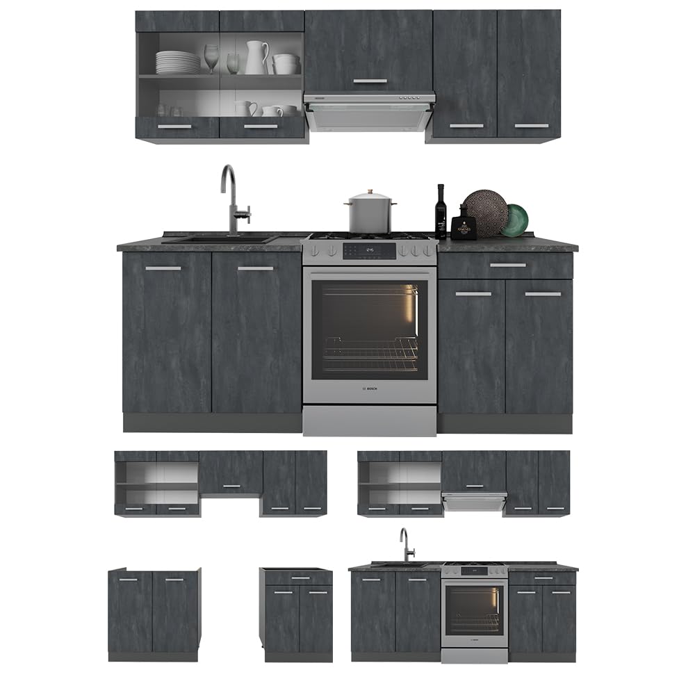 Vicco R-Line Kitchen Unit, White High-Gloss / Anthracite, 200 cm without Worktop
