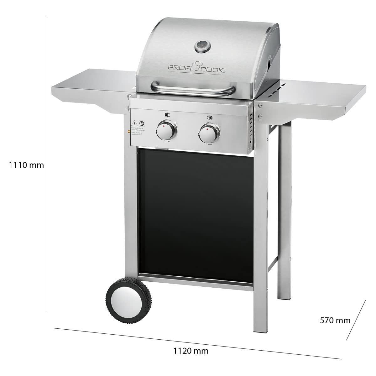 ProfiCook® gas grill for temperatures up to 350 °C, grill grates made of real cast iron, for balcony, including gas pressure regulator and hose, 2 burners, small, 2 shelves, PC GG 1309 silver