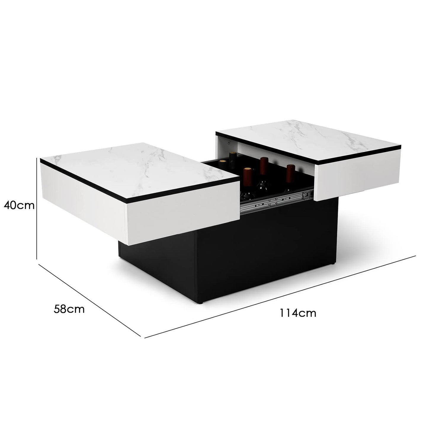 Vowner Coffee Table, Modern Coffee Table, Extendable Desk, Living Room Table with 2 Storage Spaces, High Gloss Finish, 114 x 58 x 40 cm, White Marbling