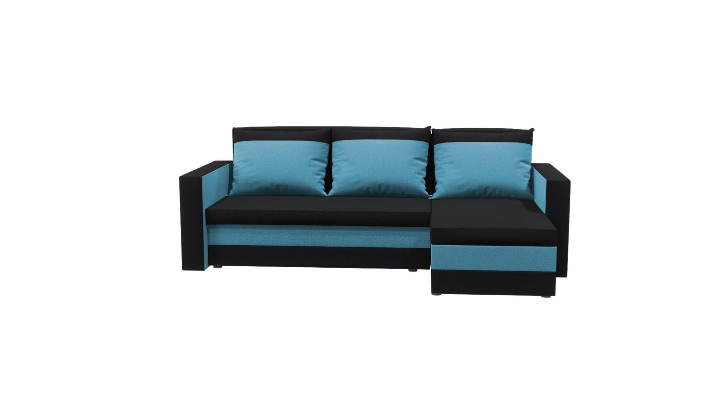 FORNIRO 24 Loft Ecksofa mit Schlaffunktion und Bettkasten - Sofa mit 3 Sitzen und Robustem Überzug - Universal Schlafcouch L-Form - Modern Couch - 225x130x75 cm - Schwarz-Türkis