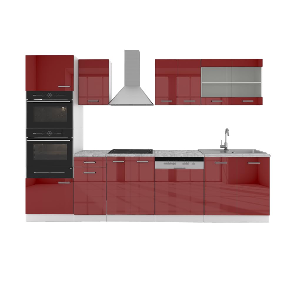 Vicco R-Line Kitchen Unit, High-Gloss Anthracite/White, 300 cm with Tall Cabinet, without Worktop