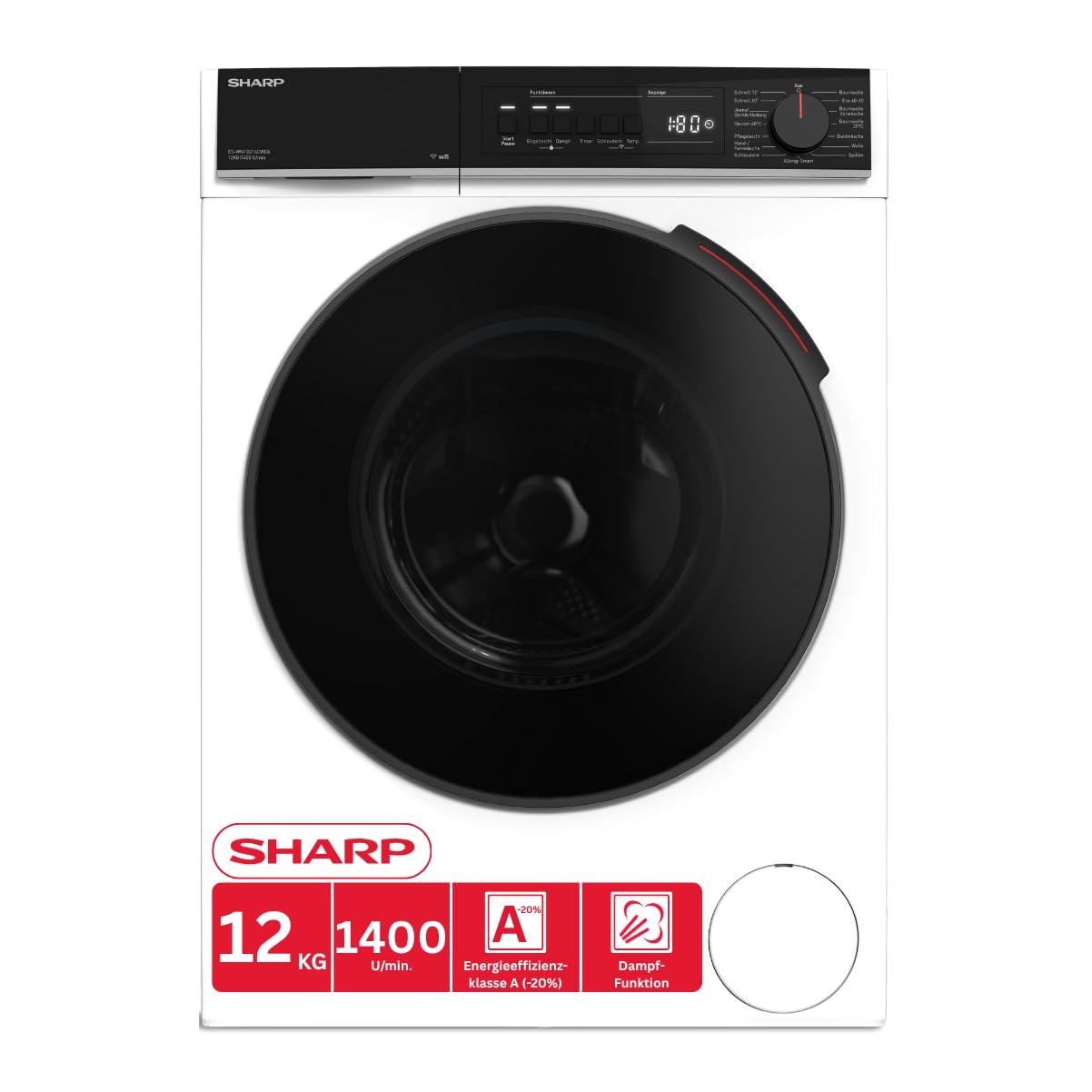 Sharp ES-WNFB214CWDA-DE Washing Machine, 12 kg, Energy Class A, 1400 rpm, Inverter Motor, AquaStop, WiFi App Control, Steam Function, Quick Wash, White