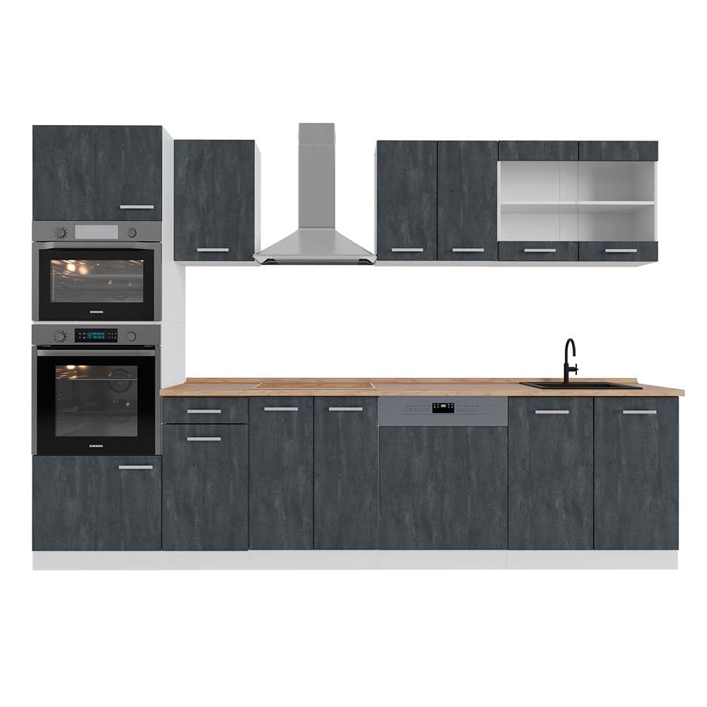 Vicco R-Line Kitchen Unit, High-Gloss Anthracite/White, 300 cm with Tall Cabinet, without Worktop