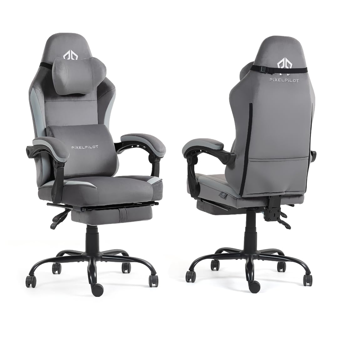 PixelPilot Ergonomic Gaming Chair [Breathable Fabric] Gaming Chair with Footrest, Head and Lumbar Support, Gamer PC Chair Wide Seat, Office Chair 150 kg Load Capacity (Nebula I, Grey)
