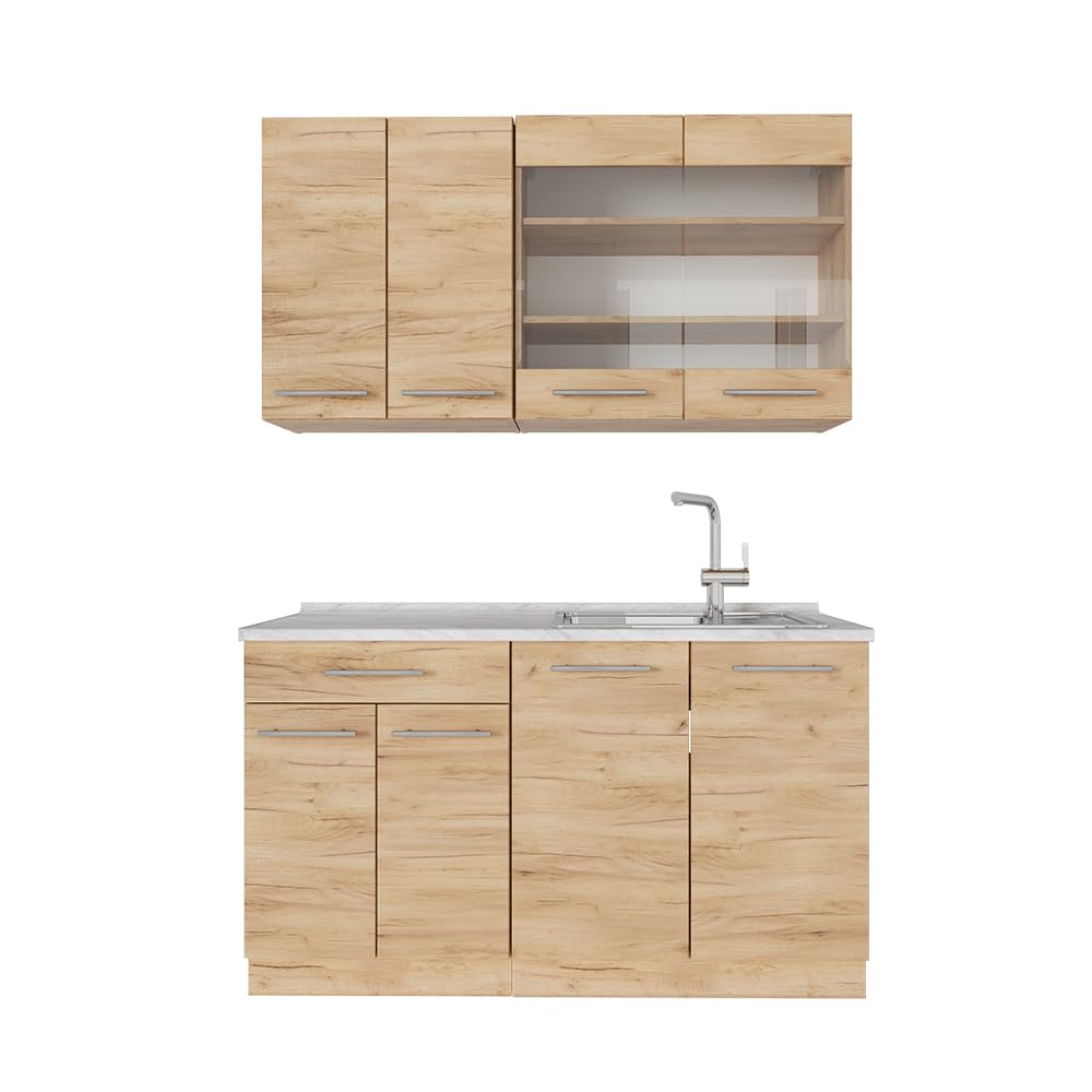 Vicco Kitchen Unit, Kitchen Block, Fitted Kitchen, Fame-Line, Single, Country House, 140 cm, Modern Kitchen Cabinets, Sink Cabinets, Drawers Cabinet Base, Wall Cupboard, Wall Glass Cabinet (Oak, Anthracite, Gold)