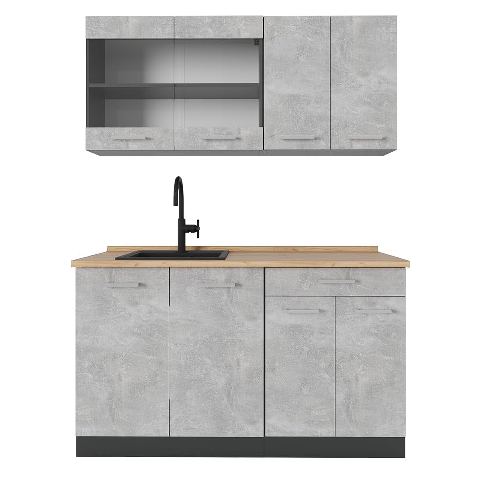 Vicco Single Kitchen R-Line, White High Gloss / Anthracite, 140 cm without Worktop