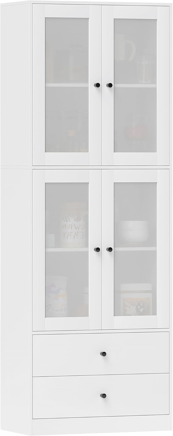 HOMCOM Kitchen Cabinet Display Cabinet with Worktop, 2 Drawers, Tall Cabinet with 4 Glass Doors, Buffet Cabinet with Adjustable Shelves, 59 x 30 x 170 cm, White