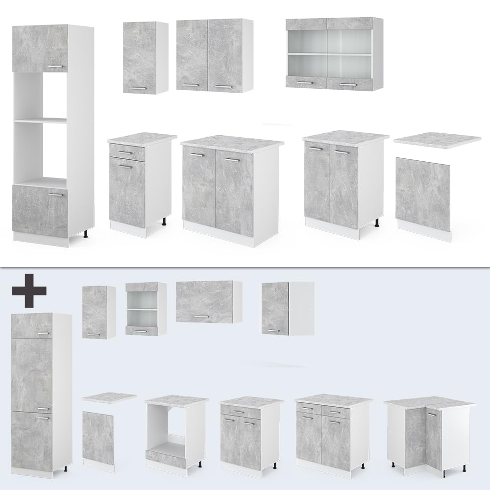 Vicco R-Line Kitchen Unit, High-Gloss Anthracite/White, 300 cm with Tall Cabinet, without Worktop