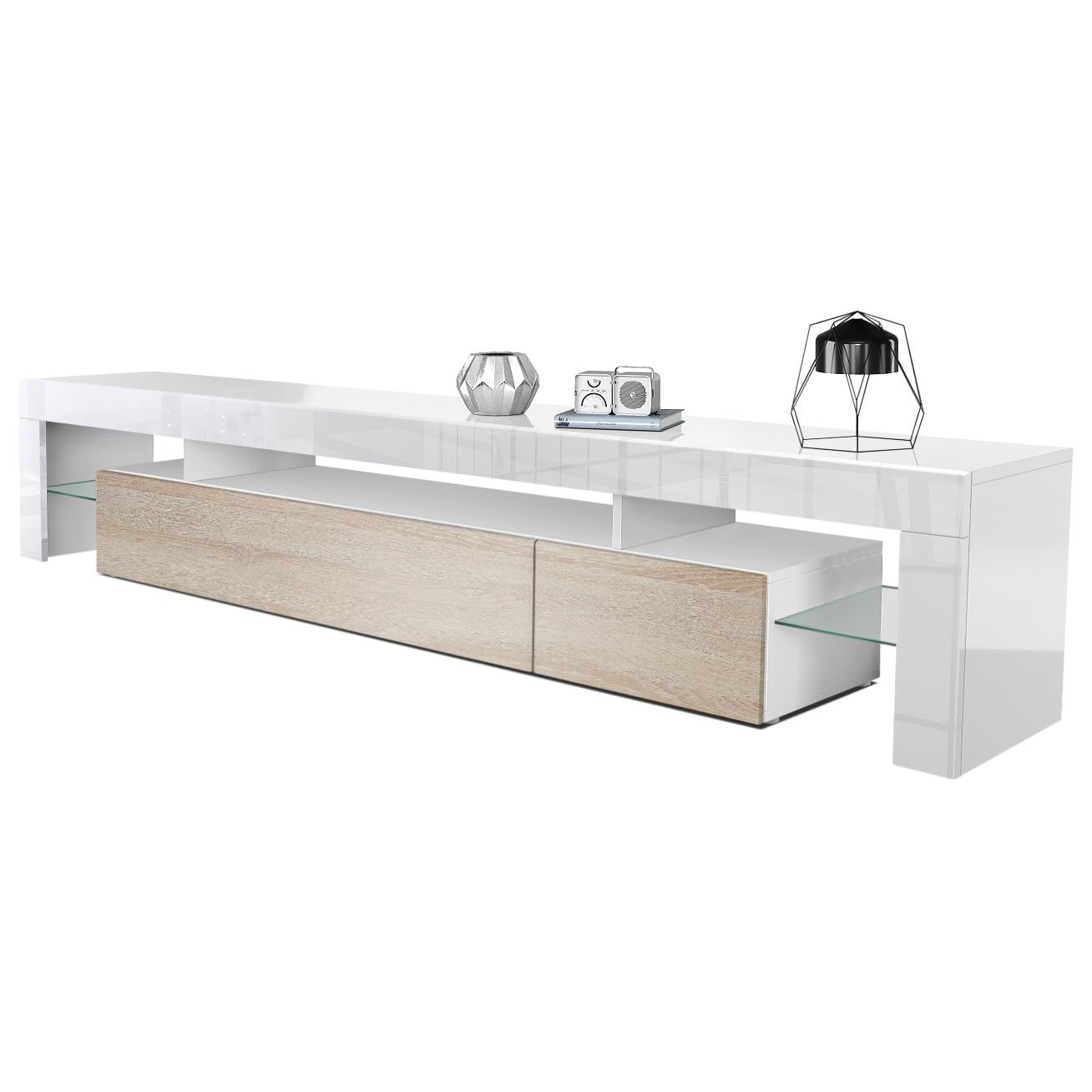 Vladon TV Stand Unit Lima V2, Carcass in White/Front in Black High Gloss