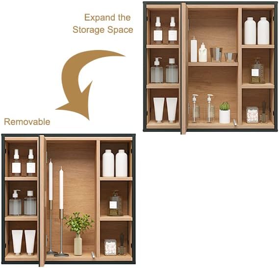 EUGAD Bathroom Mirror Cabinet with Mirror, Cabinet with Bathroom Mirror, Wall Cabinet Bathroom with Adjustable Shelves, Made of Metal Wood Material, 60 x 58 x 16 cm