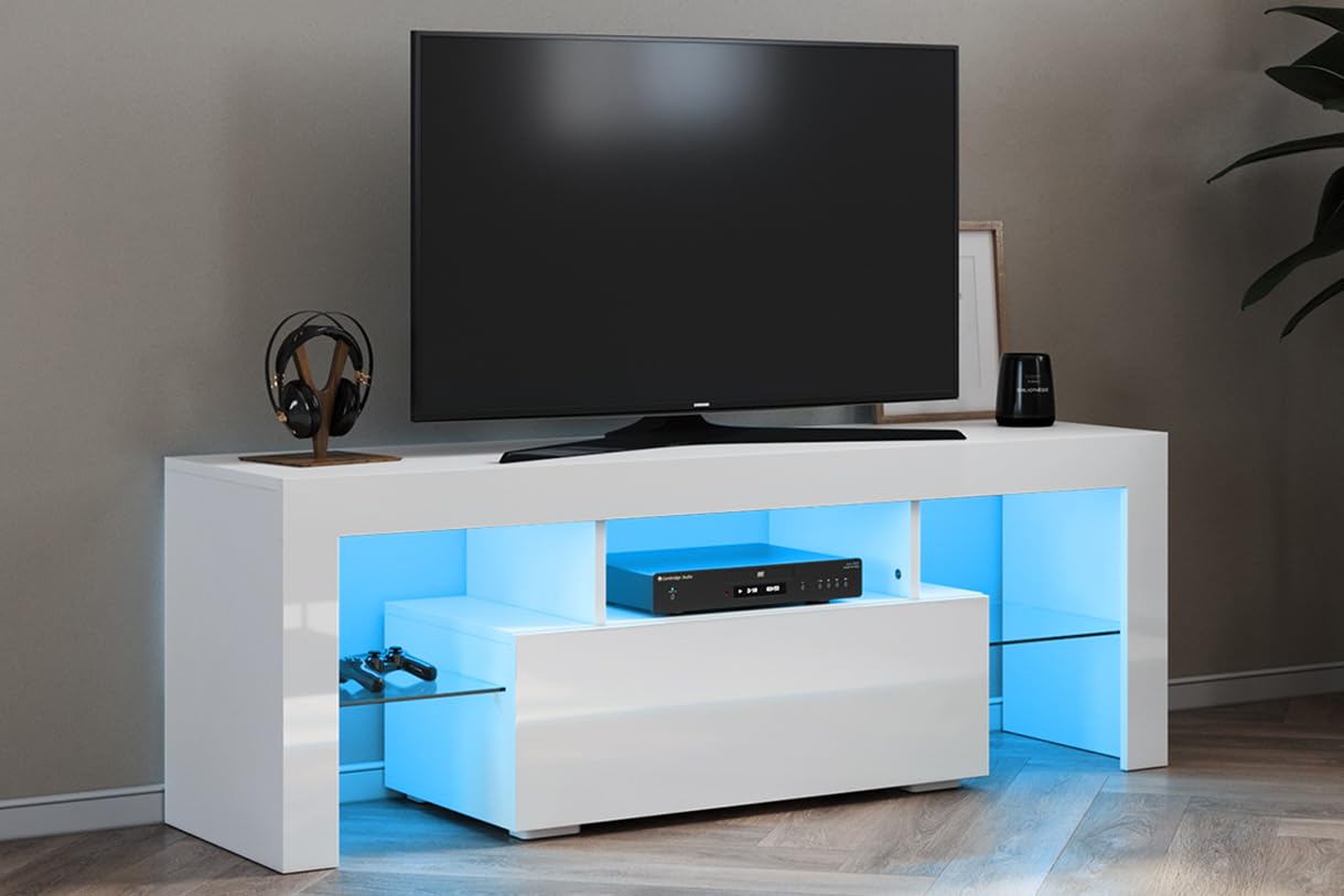 SONNI TV Board White, Handle-less Design, TV Cabinet High Gloss, TV Stand with LED Lighting, 12 Colours Can Be Adjusted, TV Shelf, Lowboard for TVs up to 65 Inches, 130 x 35 x 45 cm