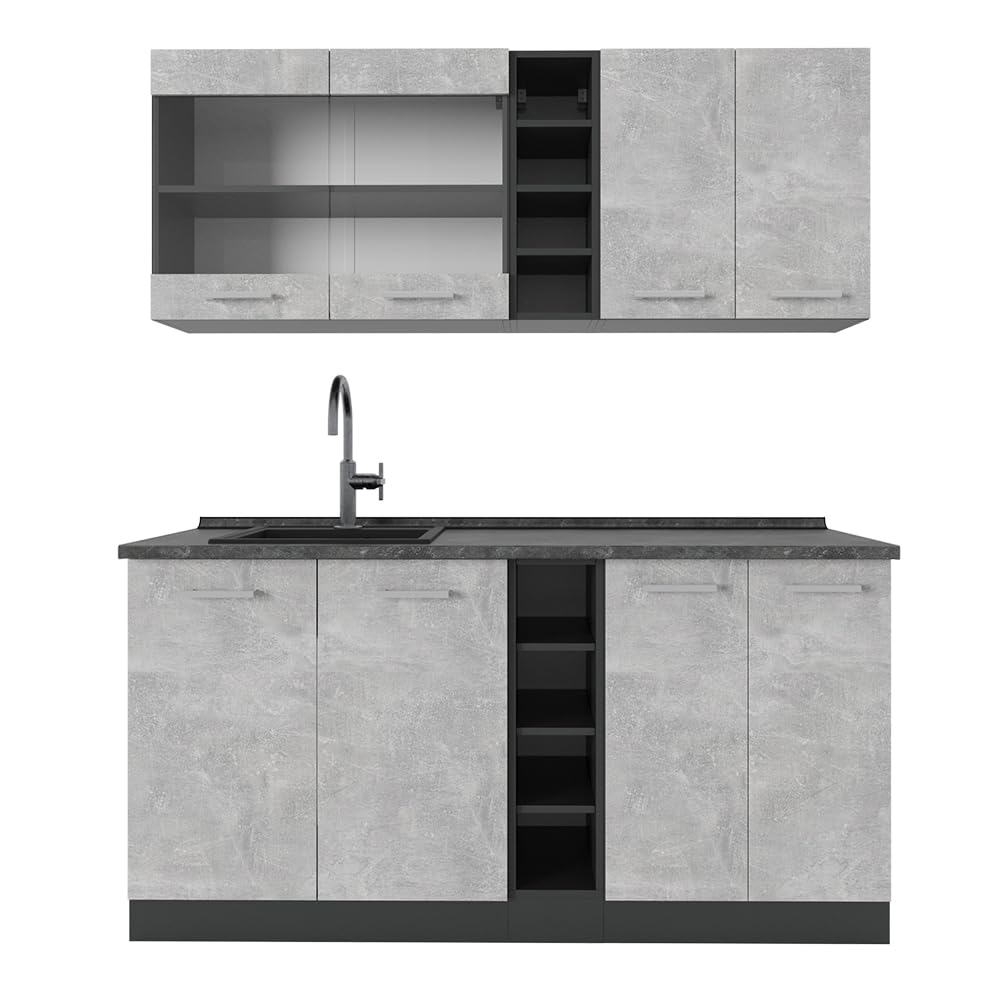 Vicco Single Kitchen R-Line White High Gloss / Anthracite 160 cm without Worktop