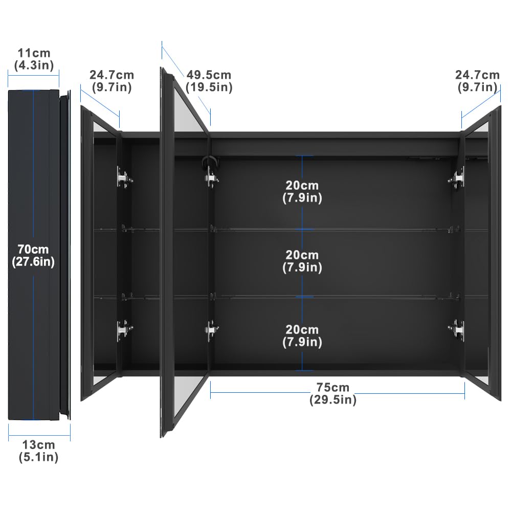 KWW LED Beleuchtetes Badezimmer Medizin Kabinett mit Spiegel, Farbtemperatur Einstellbar, Anti-Nebel Dimmbare Lichter, Steckdosen für USBs (75 x 70 cm)