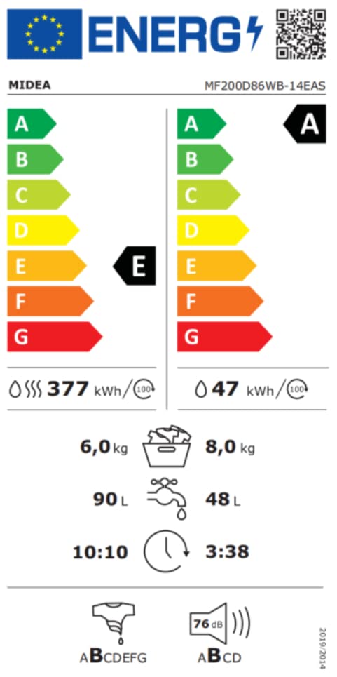 Midea MF200D86WB-14EAS Washer Dryer 8/6 kg Wash/Dry, Inverter Mortor, Refresh, 60 Min. Washing and Drying, Steam Care, Turbo Wash, 48 cm Deep, App Control, AquaStop