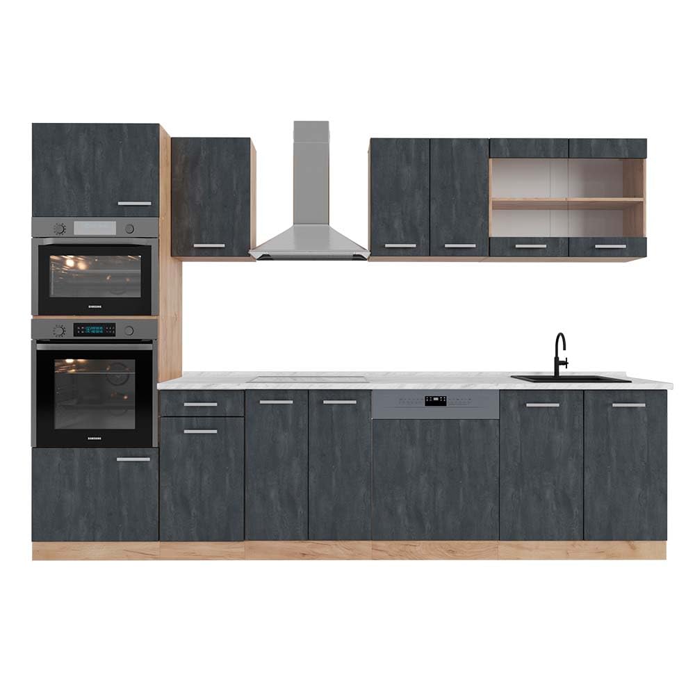 Vicco R-Line Kitchen Unit, High-Gloss Anthracite/Goldkraft Oak, 300 cm with Tall Cabinet, without Worktop