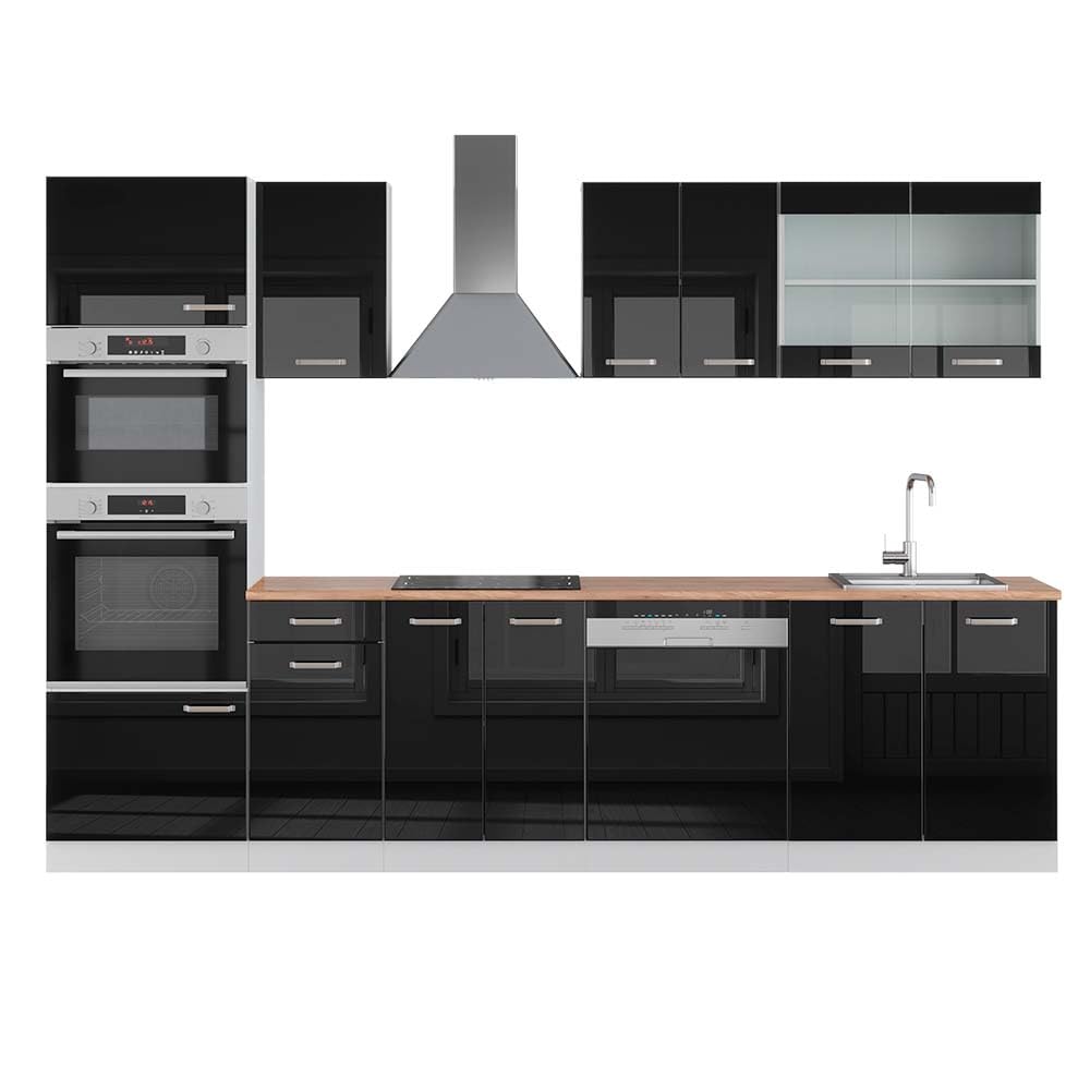 Vicco R-Line Kitchen Unit, High-Gloss Anthracite/White, 300 cm with Tall Cabinet, without Worktop