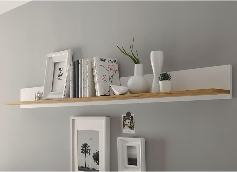 Lomadox TV Wall Unit 4 Pieces with LED Lighting in White with Wotan Oak Panels W x H x D Approx. 310 x 197 x 45 cm