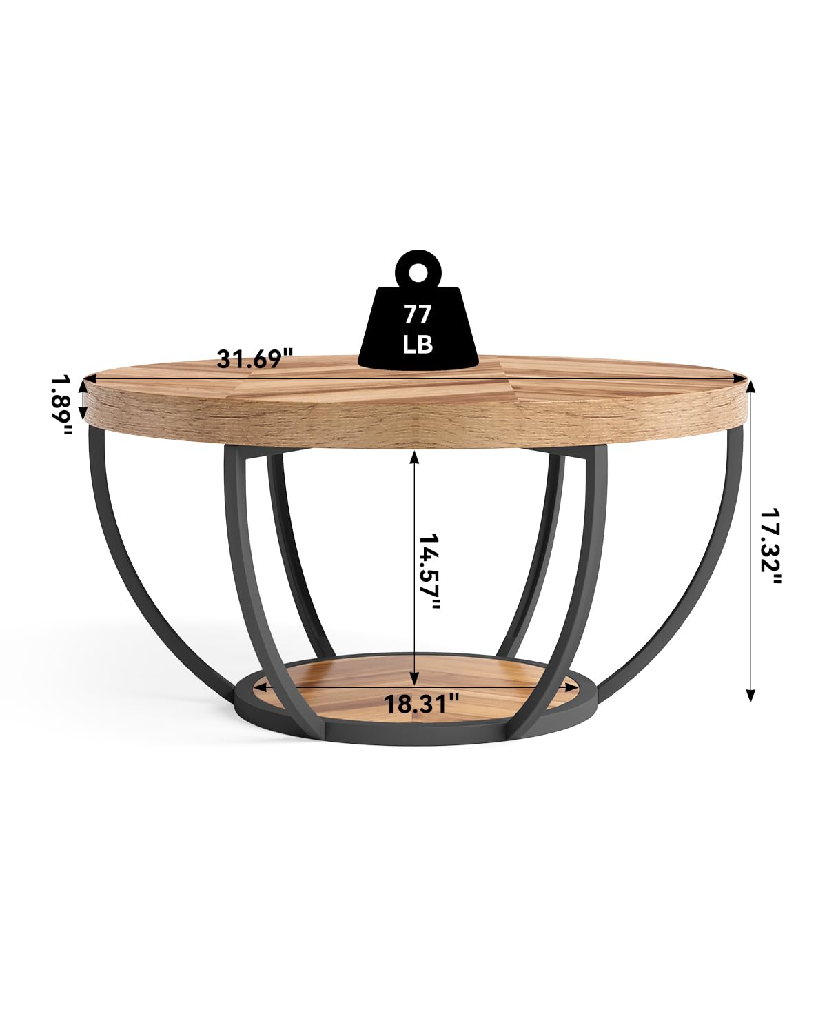 LITTLE TREE Round Coffee Table 32 Inch Round Coffee Table for Living Room 2 Tier Wood Accent Center Table with Open Storage Industrial Design Home Furniture (Wood Grain and Black)