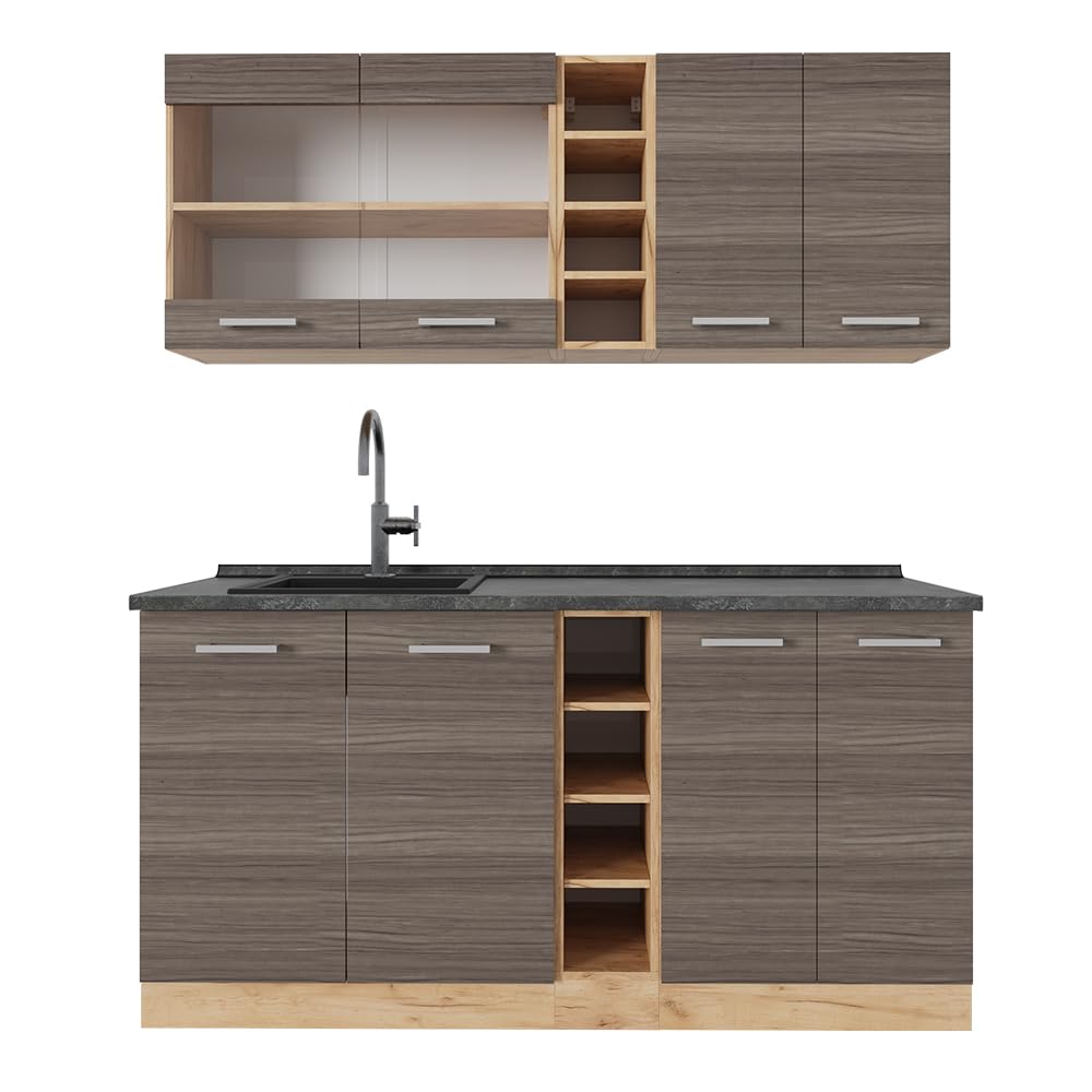 Vicco Single Kitchen R-Line Anthracite High Gloss / Goldkraft Oak 160 cm without Worktop