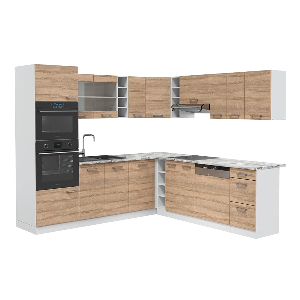 Vicco R-Line Fitted Kitchen Cabinets Country House Kitchen Furniture (White, Corner 247 x 237 cm)
