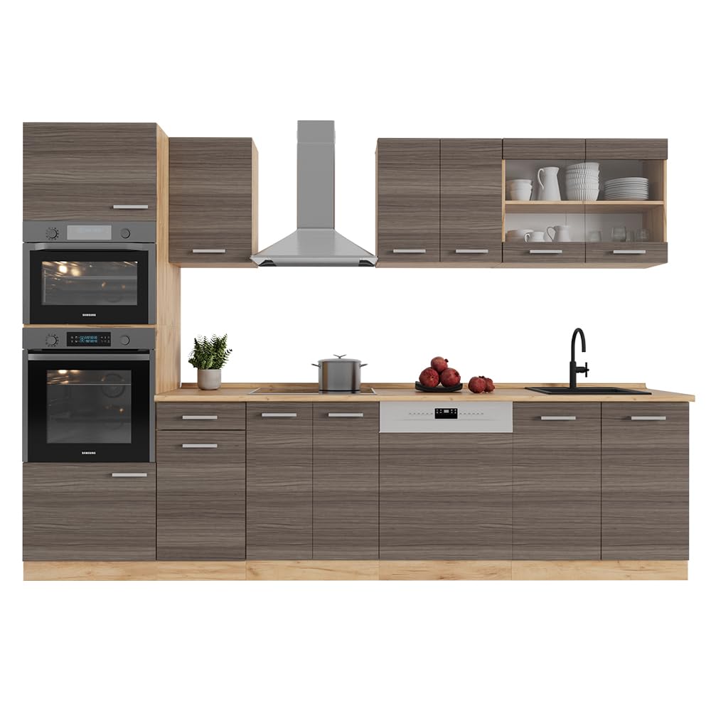 Vicco R-Line Kitchen Unit, High-Gloss Anthracite/Goldkraft Oak, 300 cm with Tall Cabinet, without Worktop