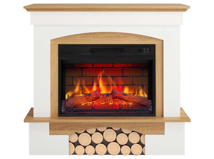 Woodley AF23BS White Brick Effect Electric Fireplace with LED Flame Effect, Heating up to 30 m², Remote Control, Realistic Design, Energy Saving, Freestanding, Grey Oak