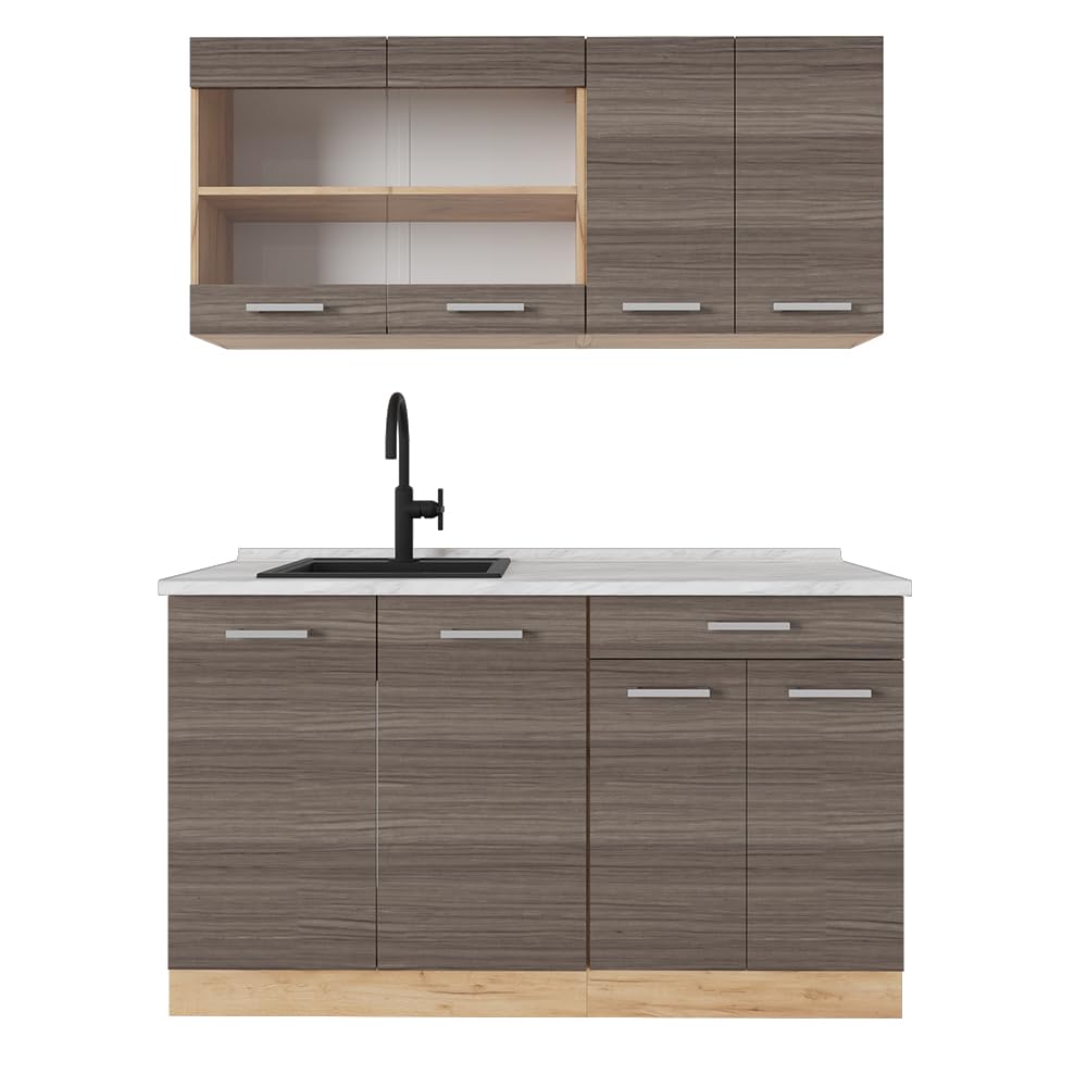 Vicco Single Kitchen R-Line, Black High Gloss / Gold Kraft Oak 140 cm, without Worktop