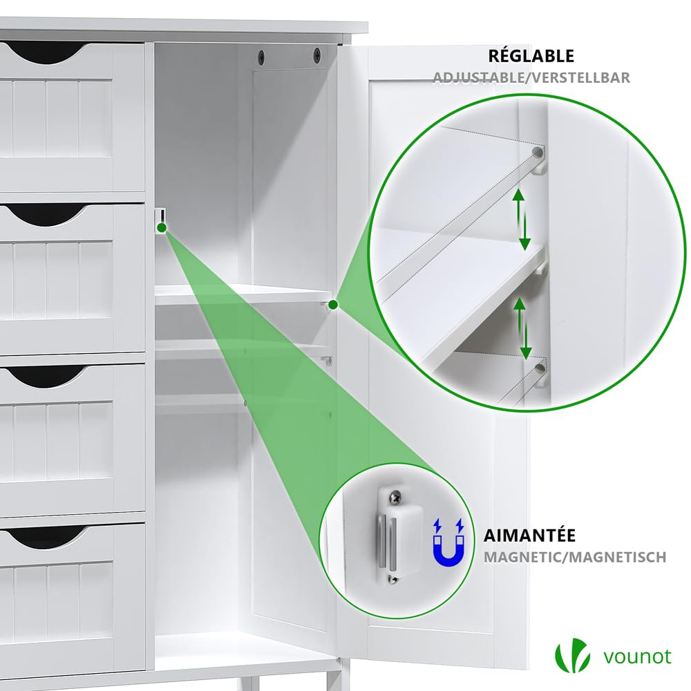 VOUNOT® Bathroom Cabinet, Side Cabinet with 4 Drawers, Cabinet Door & Adjustable Shelves for Bathroom, Living Room, Kitchen, Bedroom, 30 x 55 x 82 cm, Grey