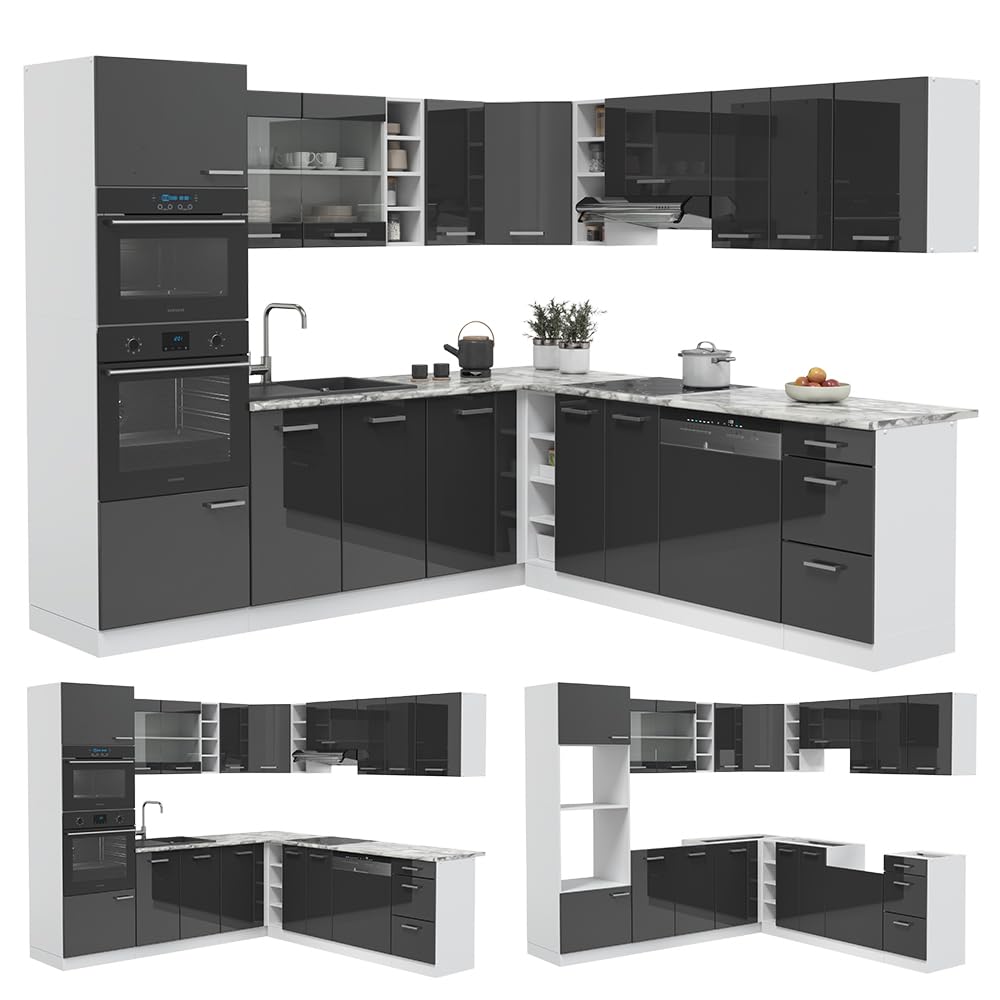 Vicco R-Line Fitted Kitchen Cabinets Country House Kitchen Furniture (White, Corner 247 x 237 cm)