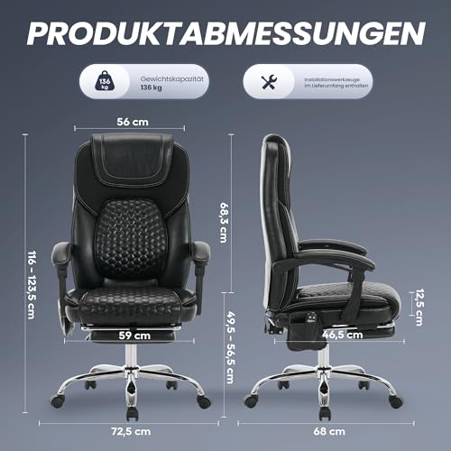 COLAMY Chefsessel aus Atmungsaktivem Leder – Ergonomischer Bürostuhl mit Taschenfederkern-Sitzkissen, Flip-up-Armlehnen& Leisen Rollen für Homeoffice und Büro, Schwarz