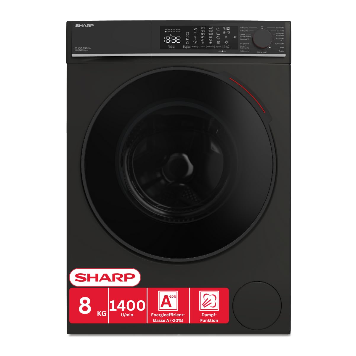 Sharp ES-WNFL914CMDA-DE Washing Machine, 9 kg, 1400 rpm, Energy Efficiency Class A (-20%), Inverter Motor, AquaStop, AquaGuard, WiFi, LED Touch, Steam Function, Black