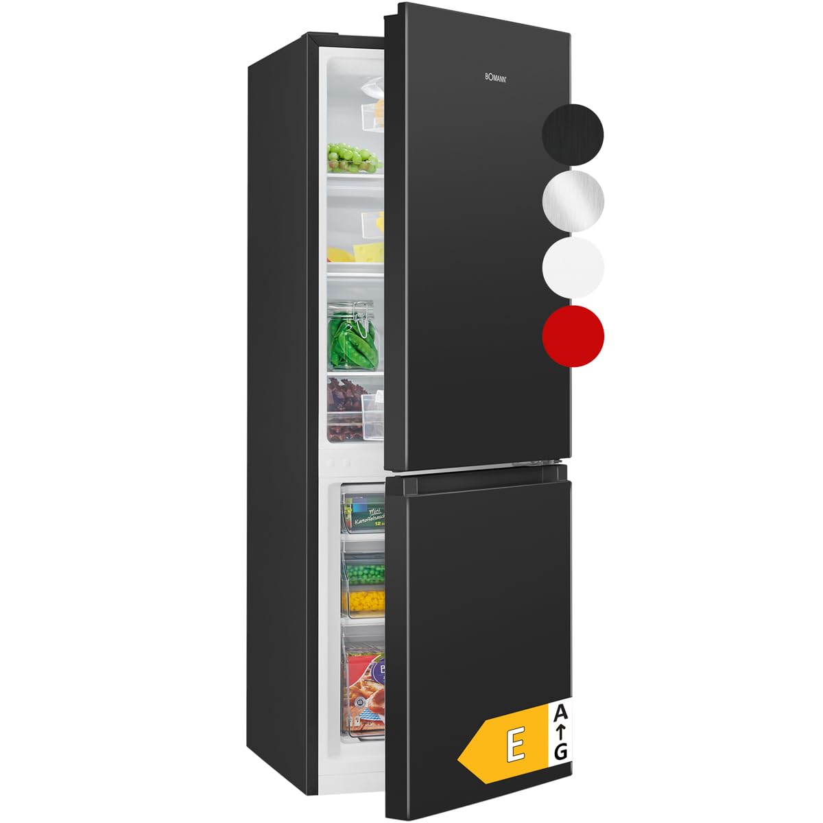 Bomann® Fridge-Freezer KG 320.2, 143 cm High, Fridge-Freezer with 175 Litre Capacity, 3 Shelves and 3 Drawers, Door Stop Replaceable, Quiet Fridge-Freezer 39 dB, Black