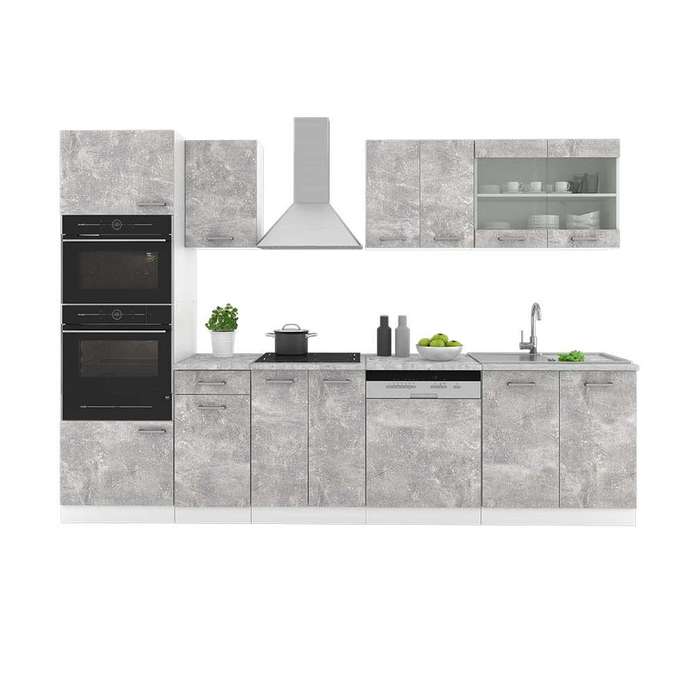 Vicco R-Line Kitchen Unit, High-Gloss Anthracite/White, 300 cm with Tall Cabinet, without Worktop