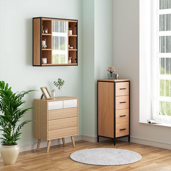 EUGAD Bathroom Mirror Cabinet with Mirror, Cabinet with Bathroom Mirror, Wall Cabinet Bathroom with Adjustable Shelves, Made of Metal Wood Material, 60 x 58 x 16 cm