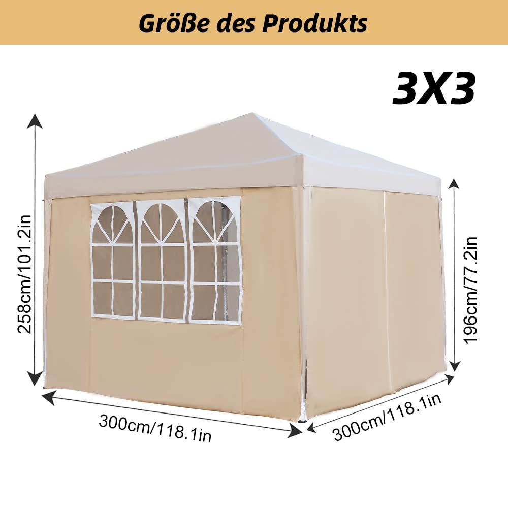 Mingone Folding Gazebo Waterproof Gazebo 3 x 3 m Stable Party Tent Pop Up Garden Tent Pasture Tent PE Beer Tent UV Protection 50+ Marquee with 4 Side Panels, Beige