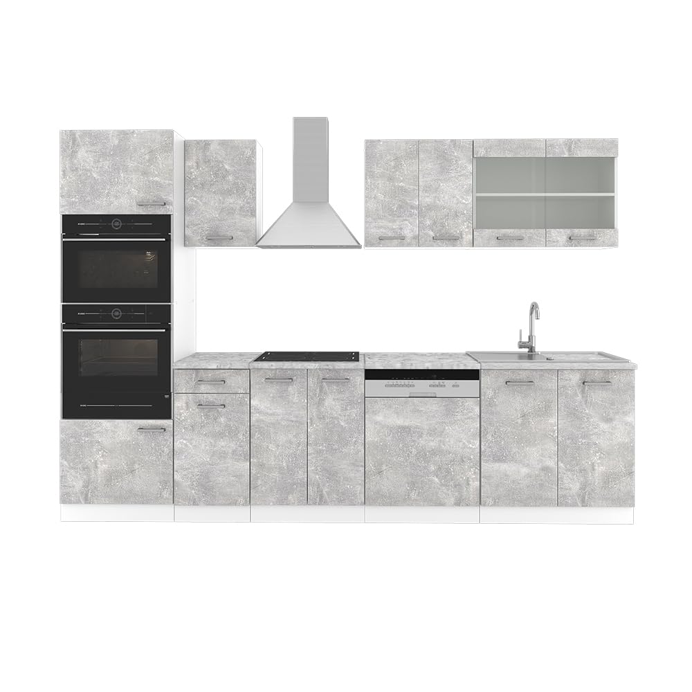 Vicco R-Line Kitchen Unit, High-Gloss Anthracite/White, 300 cm with Tall Cabinet, without Worktop