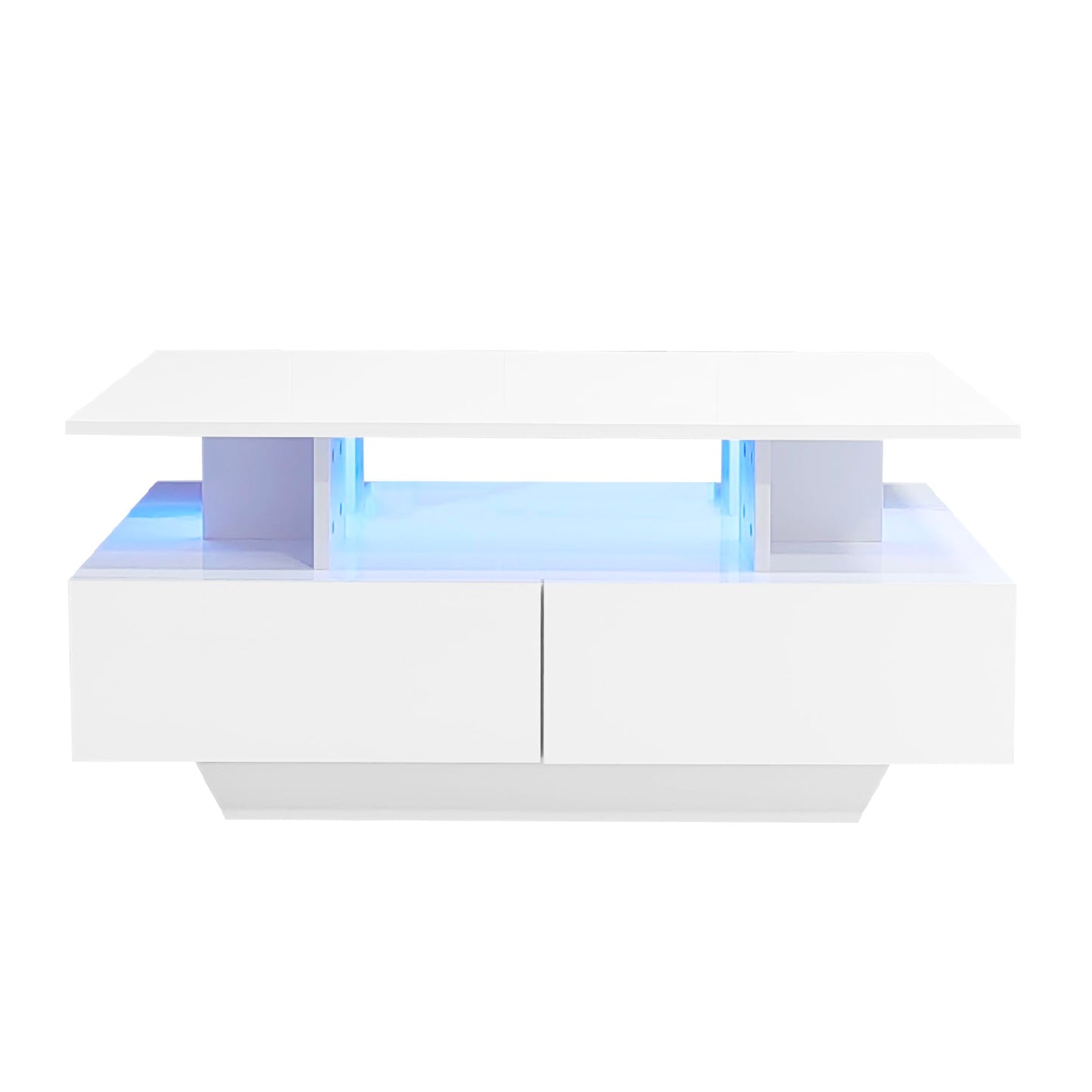 Merax Coffee Table LED High Gloss Middle Table Tea Table for Living Room Black Living Room Table with 2 Drawers and Open Compartment, Rectangular Side Table Sofa Table Coffee Table for Bedroom Office