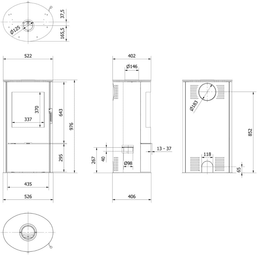 KRATKI Fireplace Made of Steel Rollo Ready Set Diameter 150 7 kW with Indoor Air Independent, Blass Cladding, Freestanding, BImSchV 2, Dust Outlet, 150 mm, EEK A Fireplace HKI