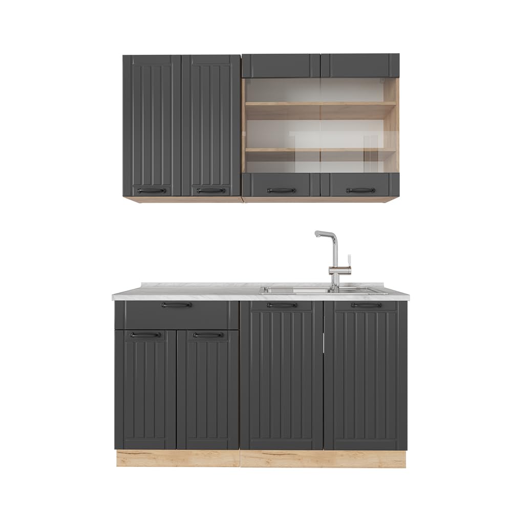 Vicco Kitchen Unit, Kitchen Block, Fitted Kitchen, Fame-Line, Single, Country House, 140 cm, Modern Kitchen Cabinets, Sink Cabinets, Drawers Cabinet Base, Wall Cupboard, Wall Glass Cabinet (Oak, Anthracite, Gold)