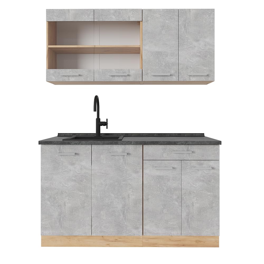 Vicco Single Kitchen R-Line, Black High Gloss / Gold Kraft Oak 140 cm, without Worktop