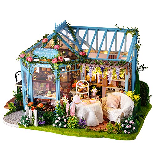 Endless Limit DIY Miniatur Haus Bausatz für Erwachsene,Puppenhaus Gewächshaus mit LED Licht,3D Puzzle Buchstütze aus Holz Modellbausatz Bastelset Bücherregal Deko Geschenken (Rose Garden Tea House)