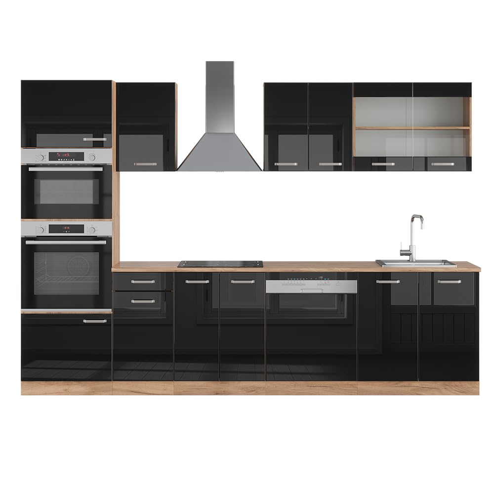 Vicco R-Line Kitchen Unit, High-Gloss Anthracite/Goldkraft Oak, 300 cm with Tall Cabinet, without Worktop