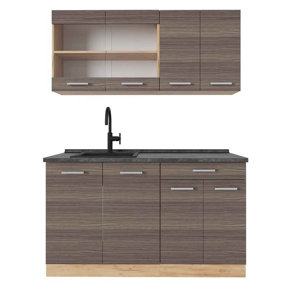 Vicco Single Kitchen R-Line, Black High Gloss / Gold Kraft Oak 140 cm, without Worktop